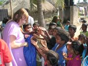 Sue meeting children in India